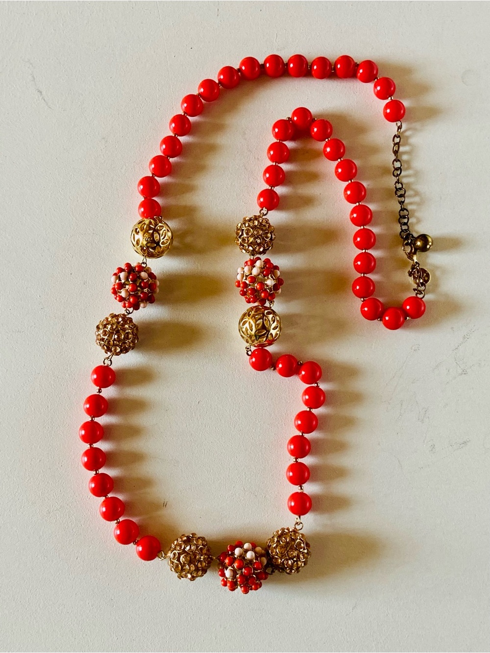 Vintage Beaded Necklace Coral Gold-tone Rhinestone Statement Necklace